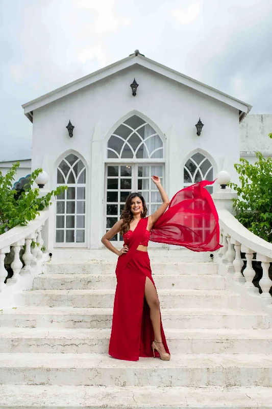 Women's Red Skirt Slit Saree - Label Shaurya Sanadhya silk skirt elegant