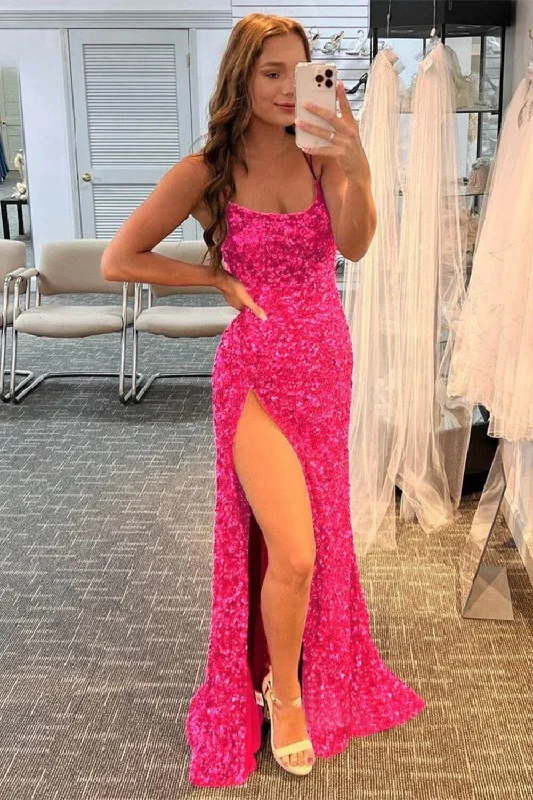 Hot Pink Sequin Prom Dresses with Slit Mermaid Spaghetti Strap Evening Dress DMP285 Tunics Luxurious premium
