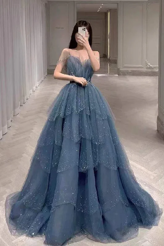 Dusty Blue Sparkly Tulle Beaded Prom Dress, Tiered Formal Gown With Rhinestone DM1932 Tunics Plaid country