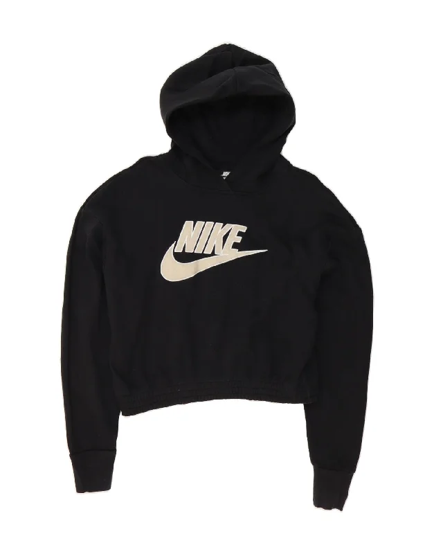 NIKE Womens Oversized Crop Graphic Hoodie Jumper UK 10 Small Black Cotton Hoodie with Applique Textured Unique