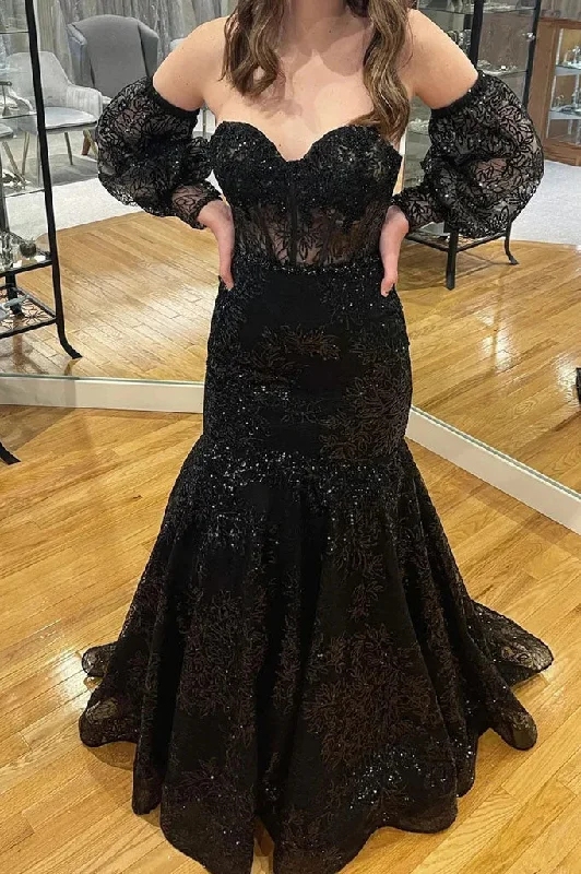 Black Lace Mermaid Long Prom Dresses,  Formal Evening Dresses DM2002 Halter Neckline Beach