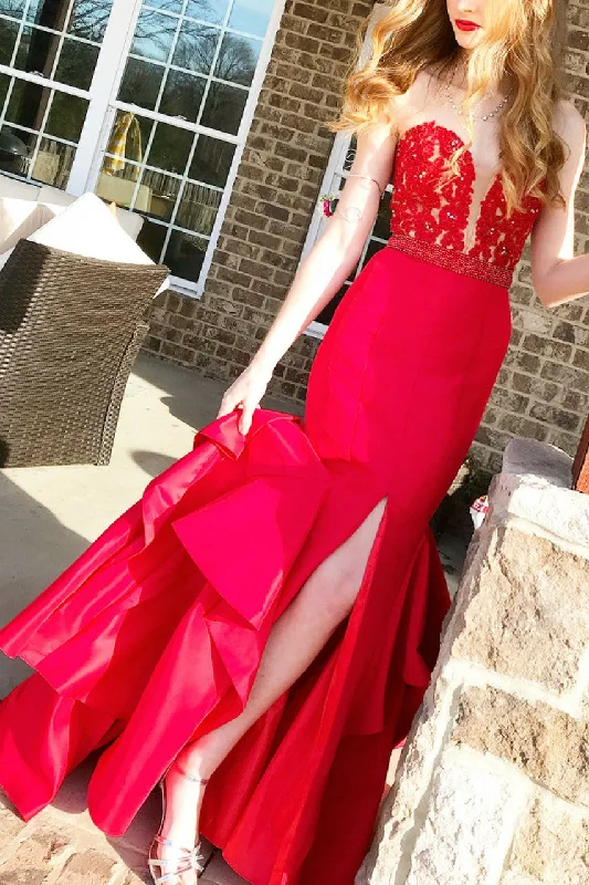 Plunging Sweetheart Lace Red Mermaid Prom Gown with Ruffled Skirt wool skirt sturdy