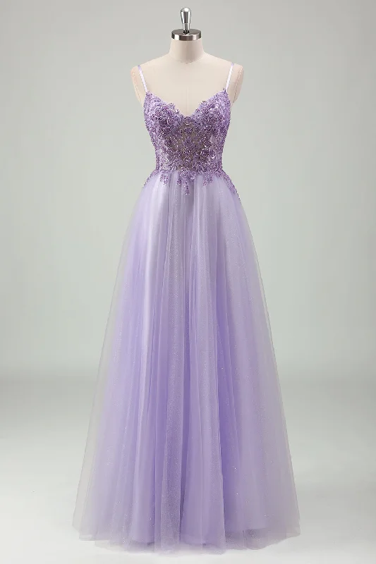 Sparkly Purple A-Line Spaghetti Straps Corset Long Prom Dress with Appliques Tunics Satin smooth