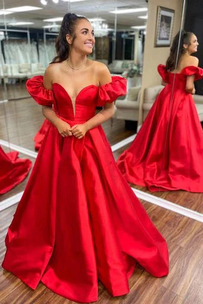 Red Strapless A-Line Satin Long Prom Dress with Detachable Sleeves DMP280 Tunics Distressed trendy