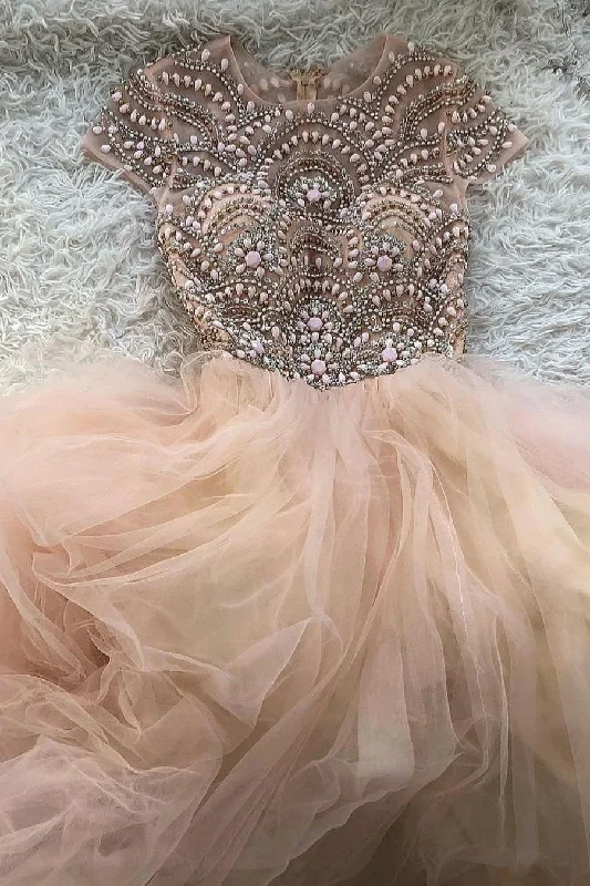 Pink Tulle Beads Long Prom Dress A Line Formal Evening Dress DMP61 Tunics Occasion special