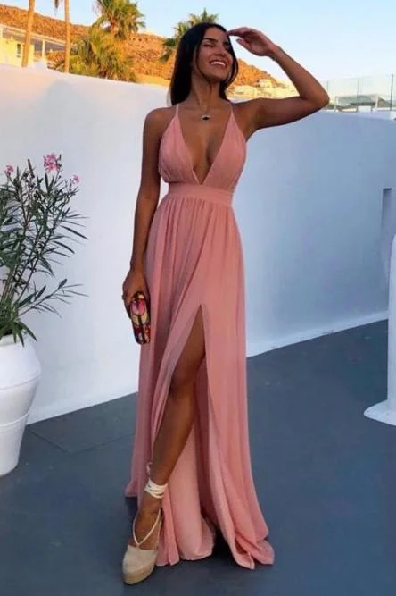 A-Line Deep V-Neck Floor-Length Pink Chiffon Prom Dress with Split DMN27 Tunics Mesh breathable