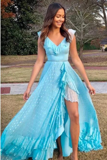 A-Line V-Neck Lace Up Light Blue Long Prom Dress with Beading Split DMN24 Tunics Running lightweight