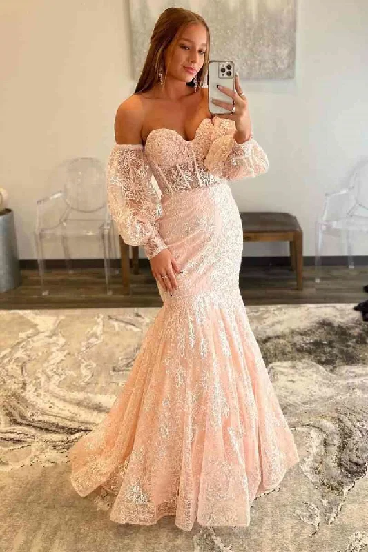 Peach Sweetheart Sheer Lace Corset Mermaid Prom Dress Formal Evening Gown DMP284 Boatneck Modish Everyday