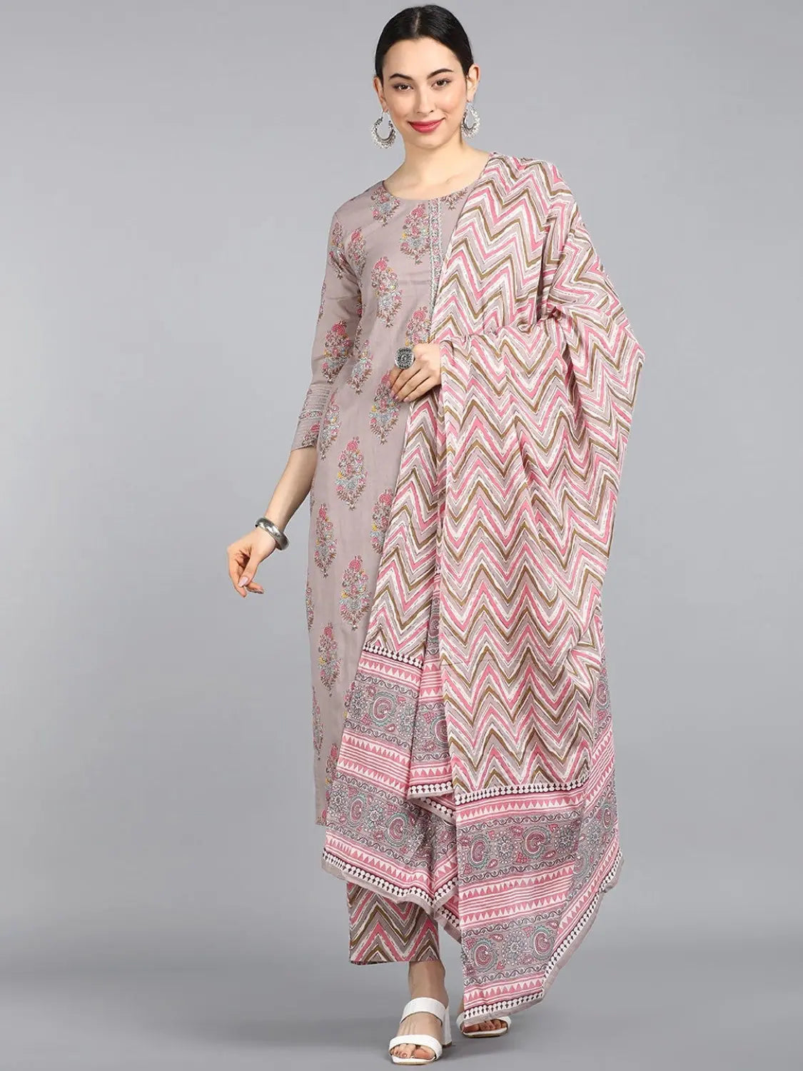 Ahika Cotton Blend Printed Kurta Pant Dupatta-VKSKD1134AB_XS Stylish Elastic Waist Pants