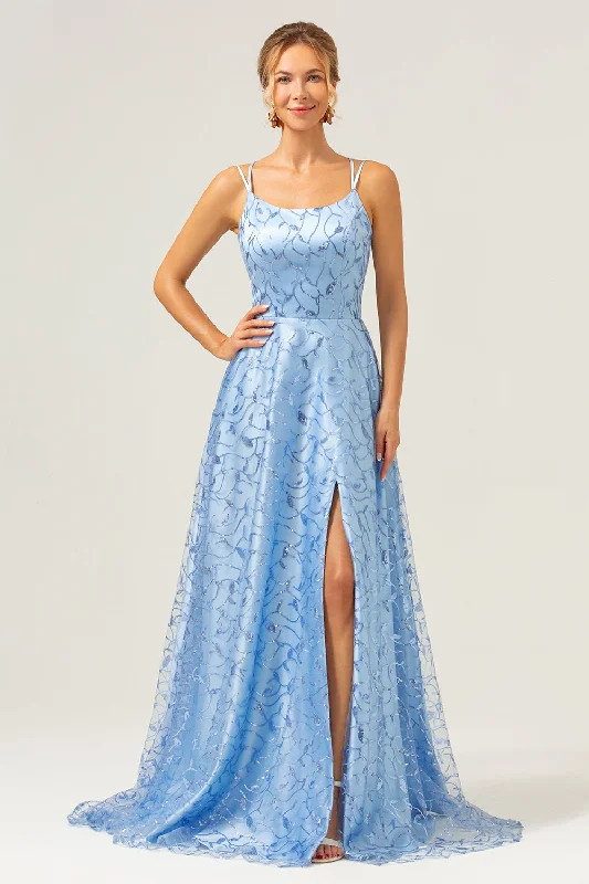 Sparkly Blue A Line Spaghetti Straps Sequins Lace Up Back Prom Dress with Slit Tunics Versatile all-occasion