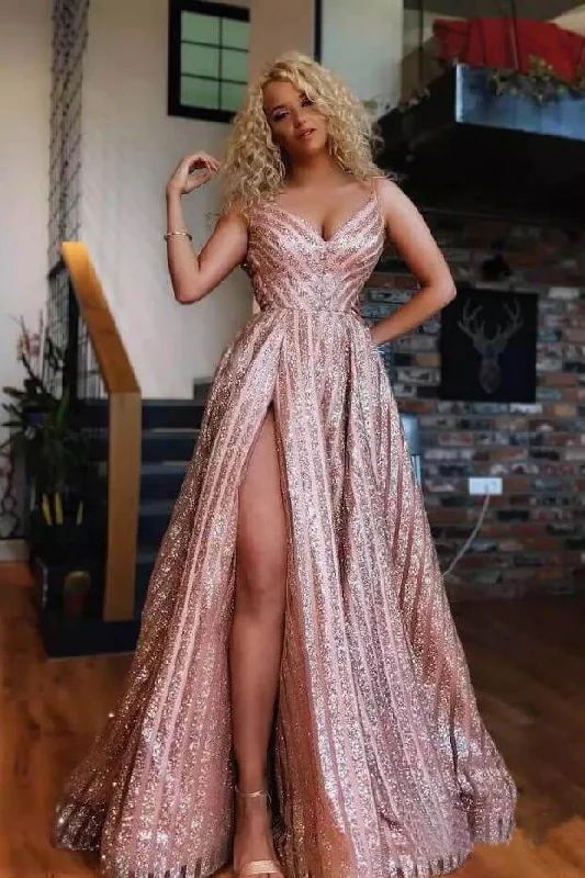 Spaghetti Strap V Neck Rose Gold Sequins Prom Dresses Sexy Side Slit Prom Dress DMN76 Tunics Leisure comfortable