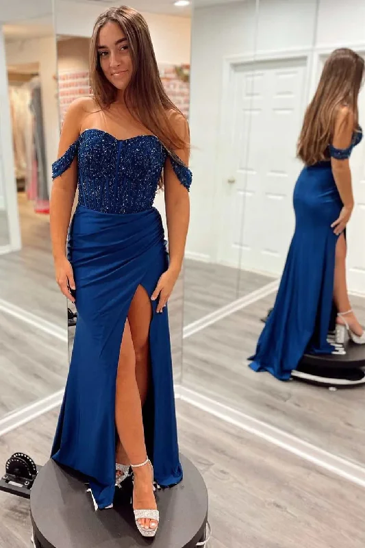 Navy Blue Sequin and Satin Off-the-Shoulder Long Prom Dress with Slit DM1963 Tunics Practical durable