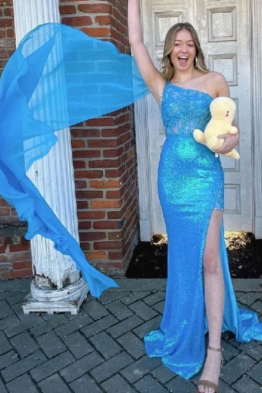 Chic Mermaid Blue One Shoulder Sequins Lace Long Prom Dresses DMP301 Tunics Mesh breathable