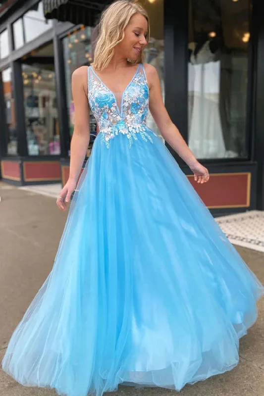 Blue V Neck Tulle Lace Appliques Long Prom Dress Formal Evening Dress DMP281 Halter Neckline Beach