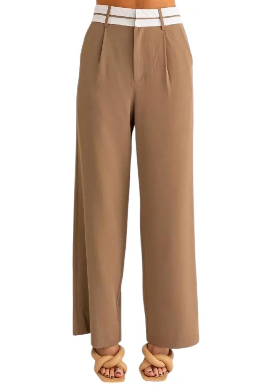 Andi Detail Pleated Wide Leg Pant In Brown Trendy High-Waist Trousers