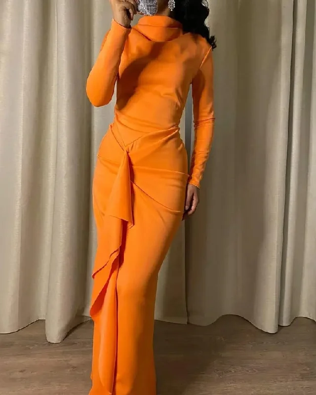O-neck Full Sleeve Orange Ruffle Zipper Up Satin Wedding Evening Dress S5080934 Tunics Trousers formal