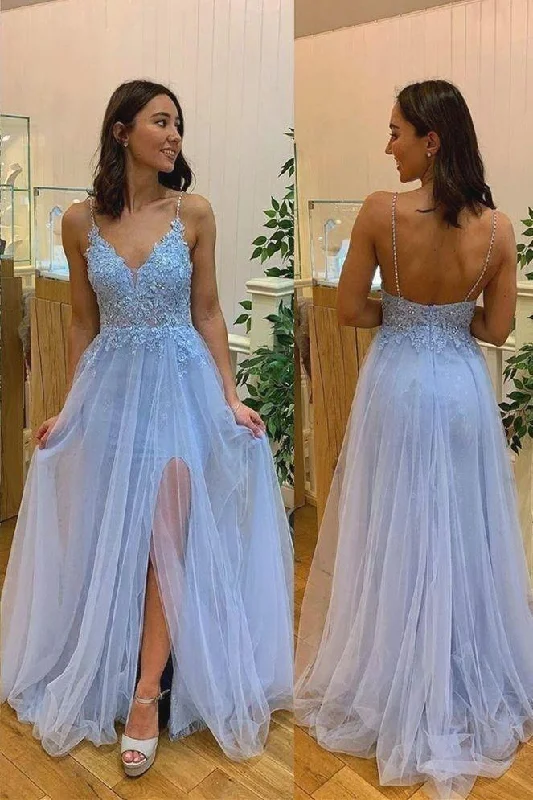 A Line Spaghetti Straps Light Blue Appliques Long Tulle Prom Dress With Slit DM1018 Tunics Practical durable