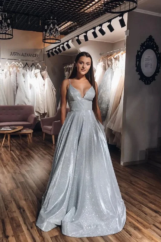A-Line V-neck Spaghetti Straps Silver Sparkle Prom Dress with Pockets DM1964 Off-the-shoulder Chic Trendy