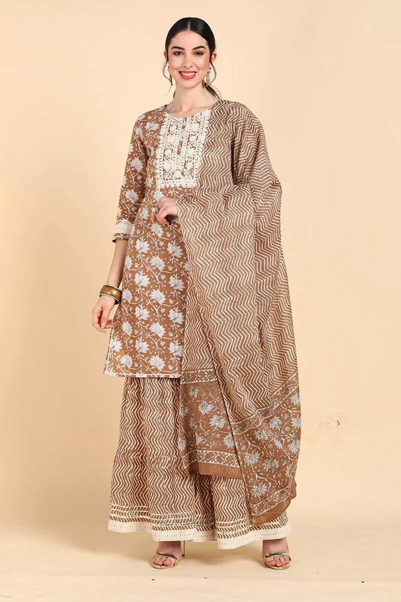 Ahika Cotton Printed Kurta Pant Dupatta Set-VKSKD1390_S Formal Stretch Pants