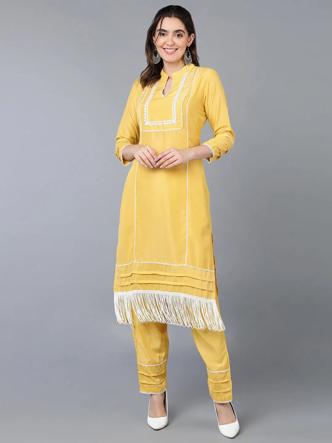 Poly Silk Yellow Solid Kurta Pant With Chic Black Leggings