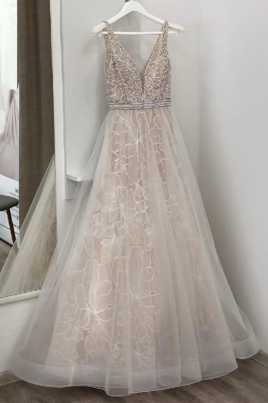 Ivory A Line V Neck Lace Beading Sleeveless Prom Dresses DMP98 Maxi Flowy Bohemian