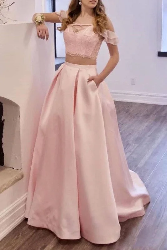 Two Piece Blush Pink Prom Dresses Long Lace Prom Gowns With Pockets DMO91 Tunics Vintage classic