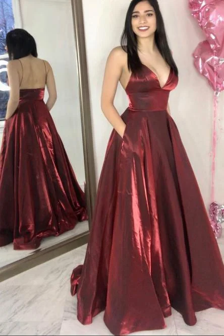 Simple A-Line Spaghetti Straps Floor-Length Burgundy Prom Dress with Pockets DMN22 Halter Neckline Beach