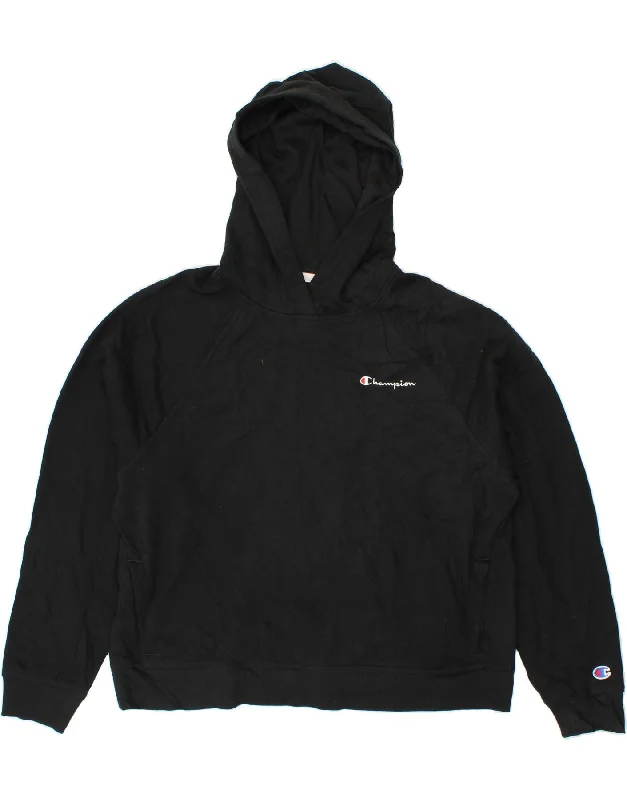 CHAMPION Womens Oversized Hoodie Jumper UK 20 2XL Black Cotton Hoodie with Rhinestones Sparkly Elegant