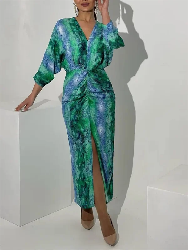 Turquoise print slit dress M S4984111 Tunics Custom made