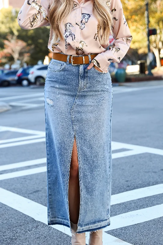 FINAL SALE - Playful Perfection Distressed Denim Maxi Skirt leather skirt refined