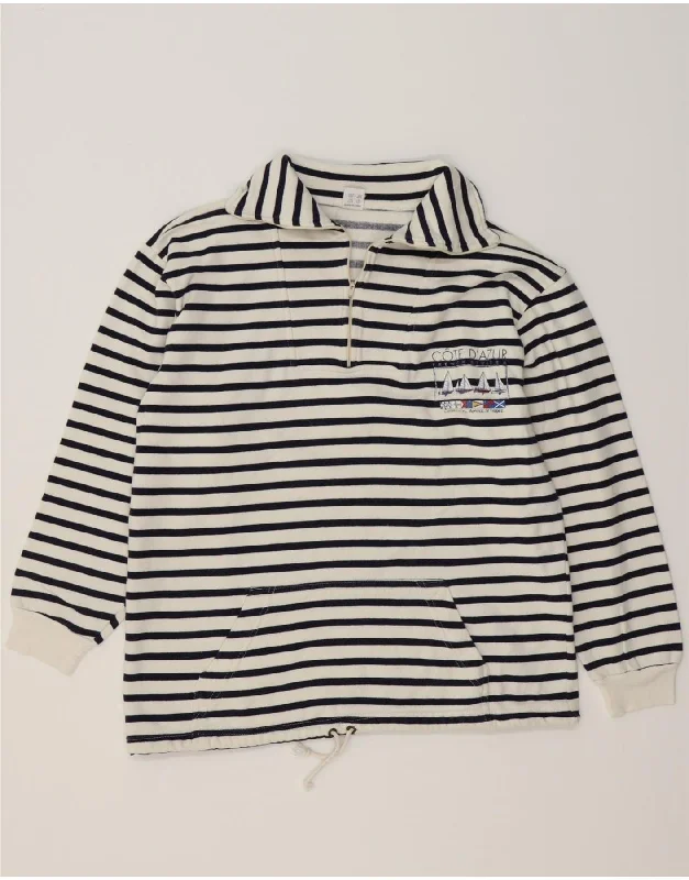VINTAGE Womens Zip Neck Sweatshirt Jumper UK 14 Medium White Striped Hoodie with Longline Fit Extended Stylish