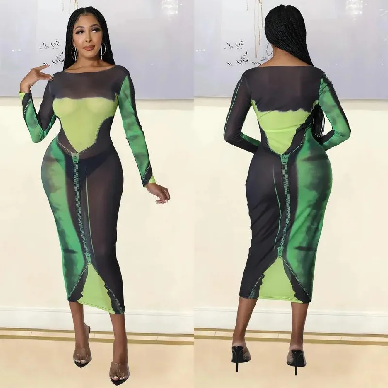 Women Fashion Mesh Print Long Sleeve Mid-length Dress 2XL X5046969 Tunics Formal black