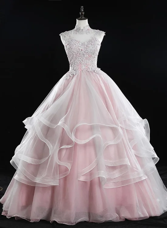 Pink High Neck Tulle Lace Long Prom Dress, Pink Sweet 16 Gown