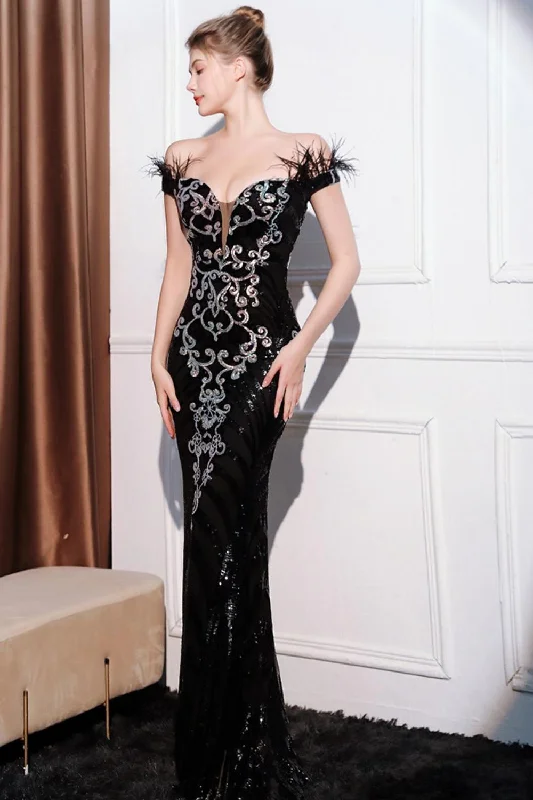 Glitter Black Mermaid Off the Shoulder Long Prom Dress with Feather Tunics Short Trendy