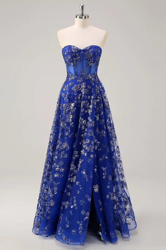 Royal Blue A Line Strapless Appliques Corset Long Prom Dress with Slit Tunics Velvet soft