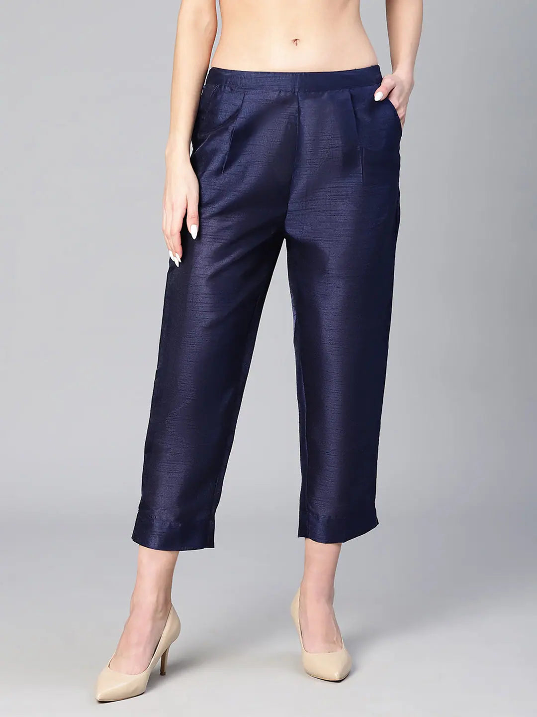 Women solid navy blue dupion silk elasticated pant Casual Yoga Pants