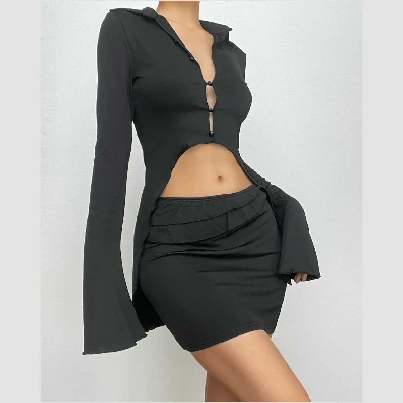 BerryBetty - Turnover collar button flared sleeve ruffle mini skirt set linen skirt natural