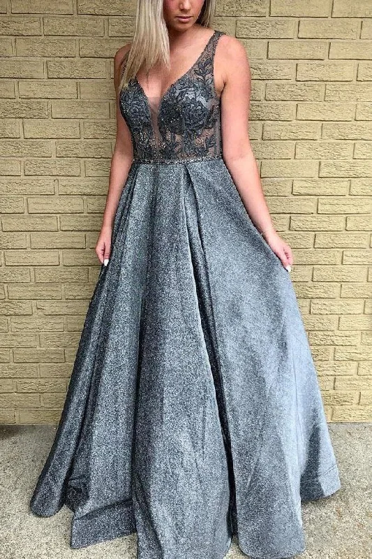 Grey Floor Length Deep V Neck Beaded Prom Dresses With Lace Appliques DMO94 Tunics Travel practical