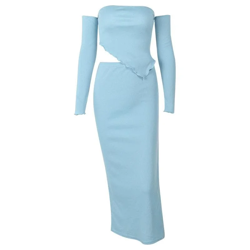 BerryBetty - Solid ribbed off shoulder ruffle slit irregular midi skirt set chiffon skirt delicate