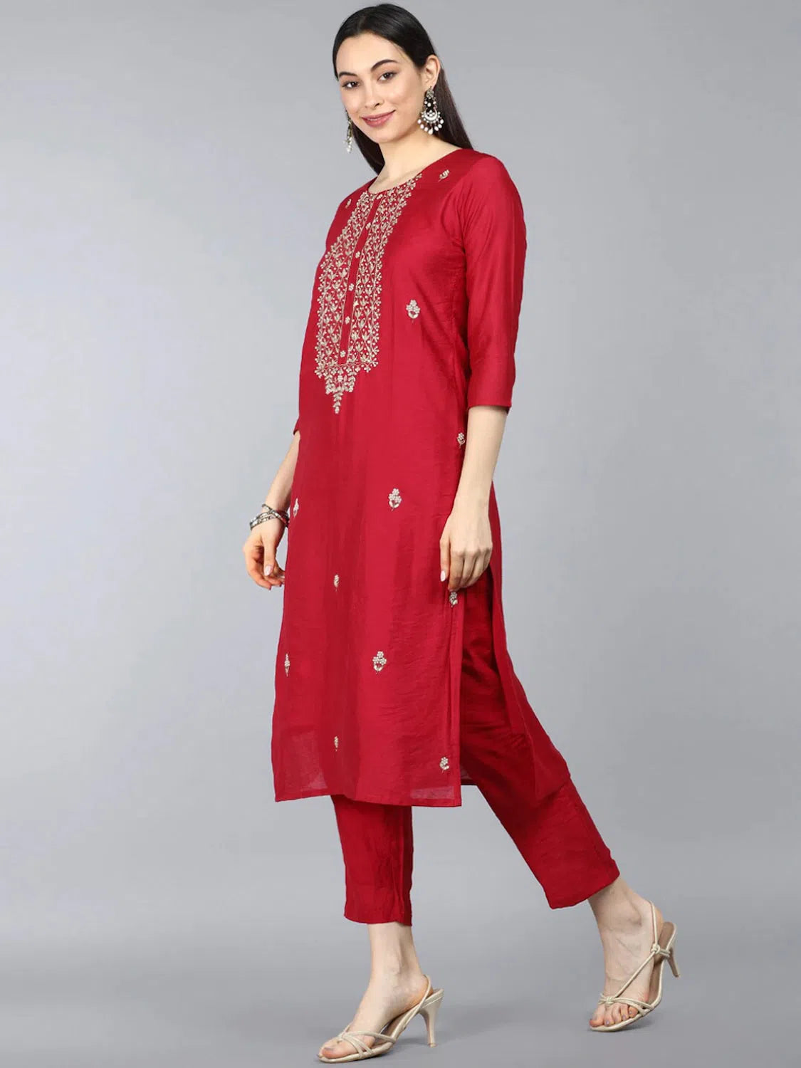 Ahika Poly Silk Embroidered Kurta Pant Dupatta-PKSKD1145_S Slim-Fit Khaki Pants