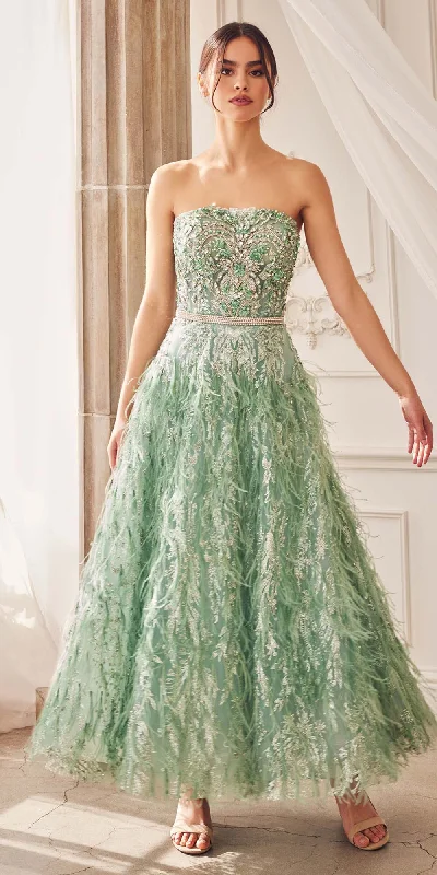 Andrea & Leo A1226 Tea Length Feather Skirt Strapless Beaded Gown midi skirt versatile