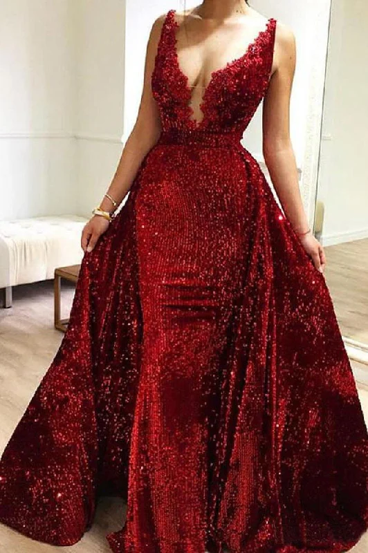 Burgundy Sequins Long V Neck Prom Dresses Lace Evening Dresses DMP1 Tunics Evening elegant
