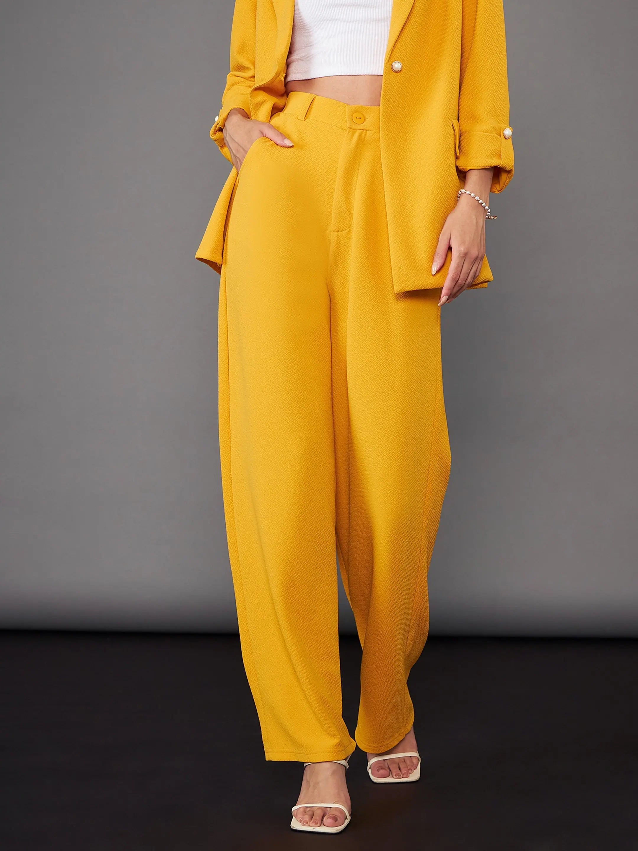 Women Mustard Straight Pants Chic Wool Trousers