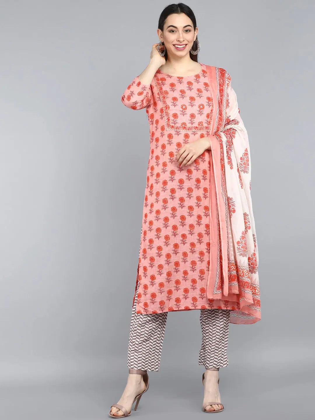 Ahika Pure Cotton Printed Kurta Pant Dupatta-VKSKD1019AB_XS Classic Flared Pants