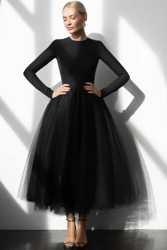 Modest Black Long Sleeve Prom Gown Tulle Skirt midi skirt versatile
