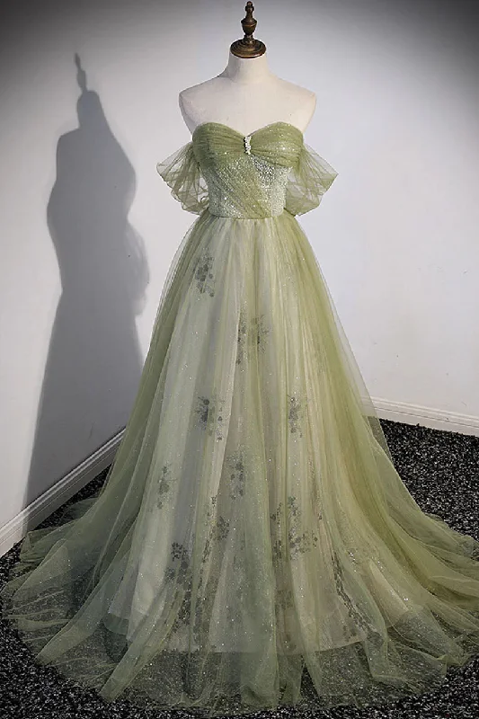 A Line Green Tulle Sweetheart Long Prom Dress, Formal Evening Dress with Beading DMP293 Casual Short Summer