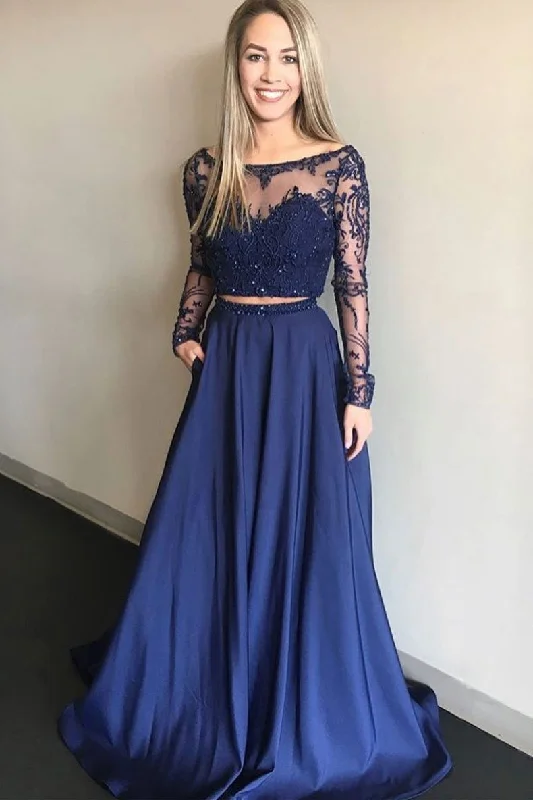 Royal Blue Two Pieces A Line Long Sleeves Appliques Prom Dress With Pockets DMP77 Elegant Long Evening