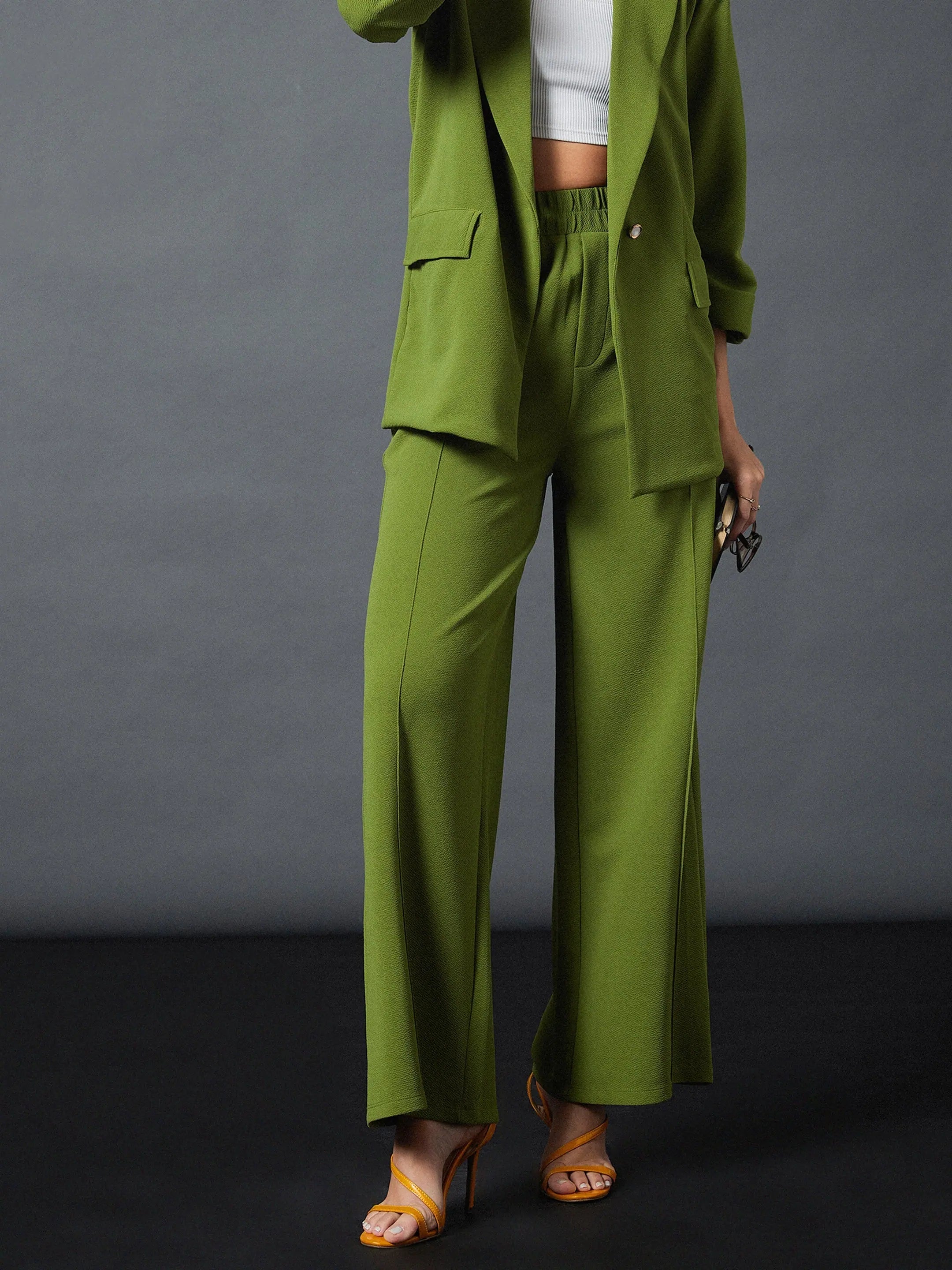 Women Olive Front Darted Palazzo Pants Stylish Casual Pants
