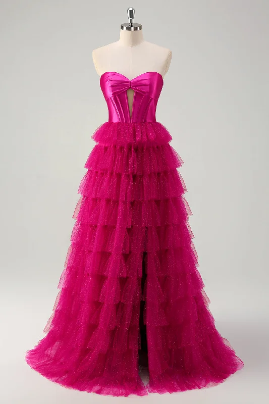 Cute Fuchsia Sweetheart Keyhole Tiered Tulle Long Princess Prom Dresses with Slit Tunics Bridal satin