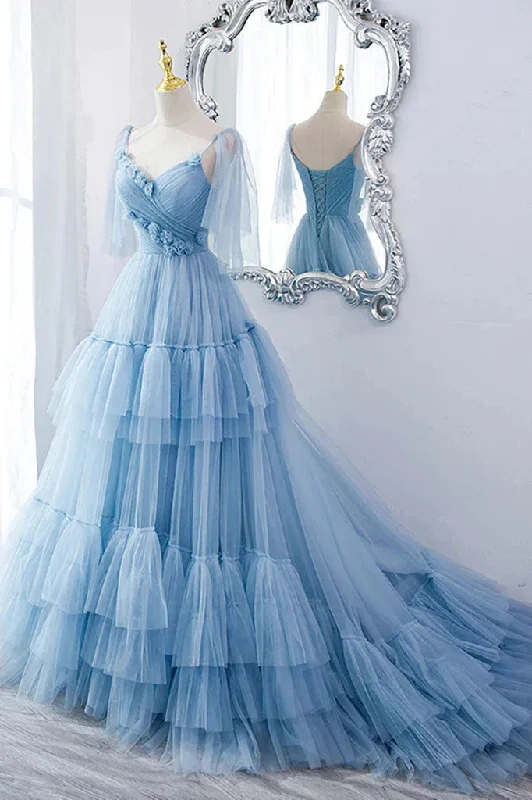 A Line V Neck Blue Long Prom Dress with Sweep Train, Formal Evening Dresses DM2004 Tunics Brand named